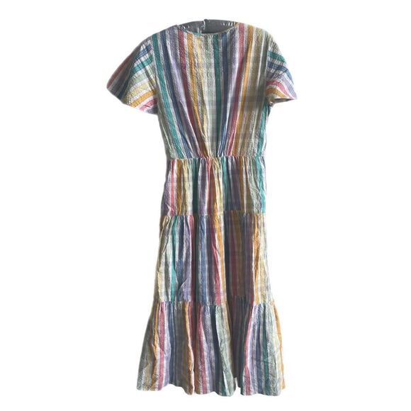 J. Crew Dress Faux Wrap Rainbow Gingham Seersucker Tiered Midi - Picture 3 of 8